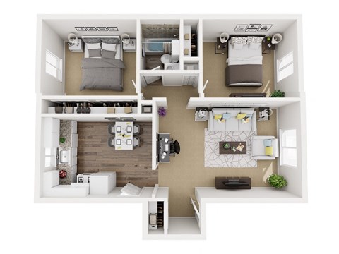 A top-down view of a small apartment with a bedroom, living room, kitchen, and bathroom.